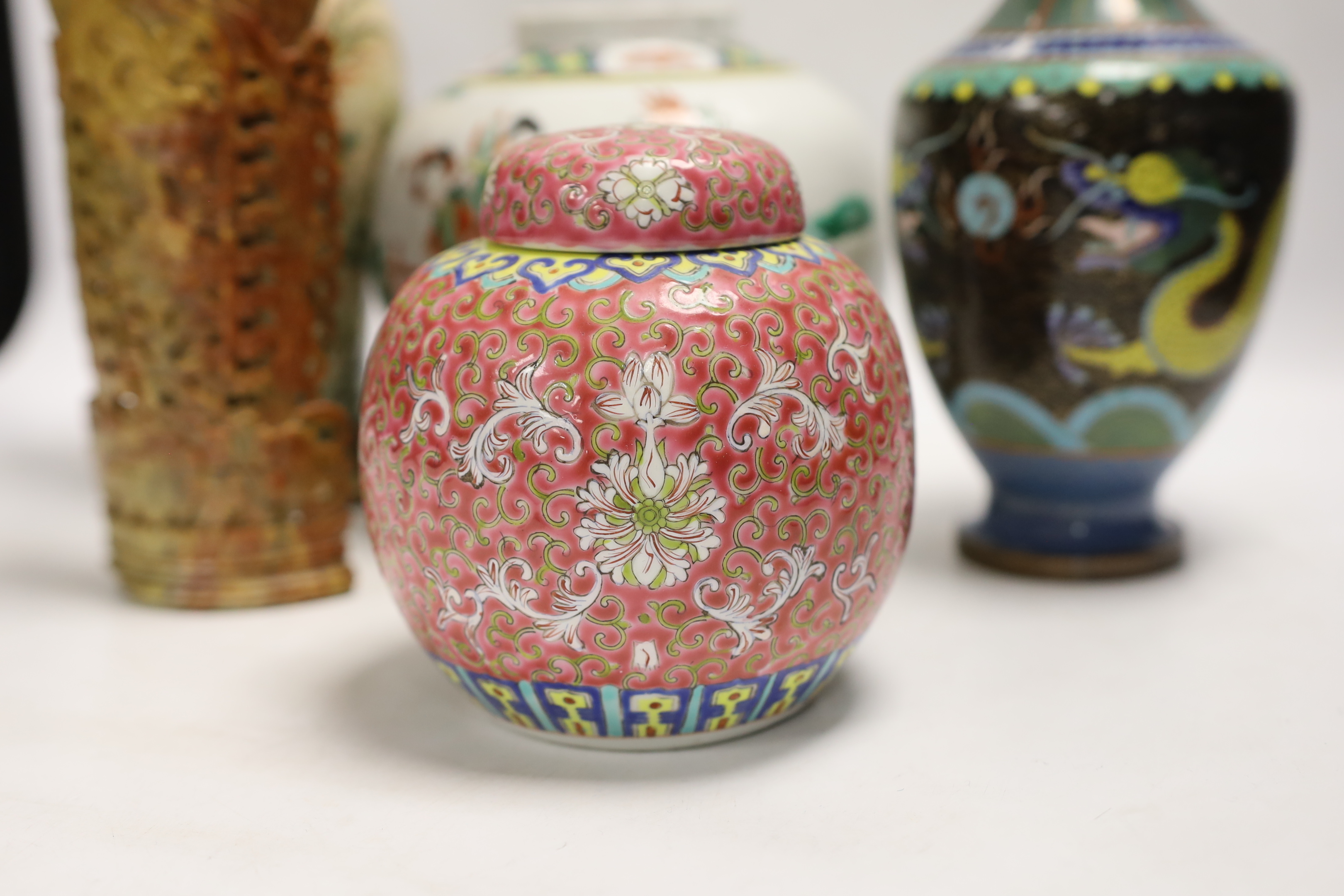 A Chinese famille verte crackle glaze vase, a jar, a cloisonné enamel dragon vase, another enamelled jar and cover and a soapstone vase, largest 25cm high